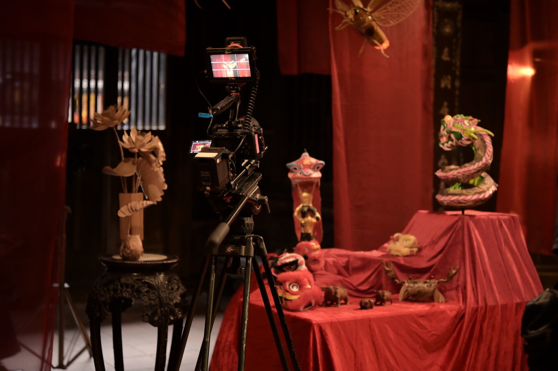 Cinema camera and monitor checking the frame on a dressed set during a CINEFY shoot in Da Nang, where video editing really begins.