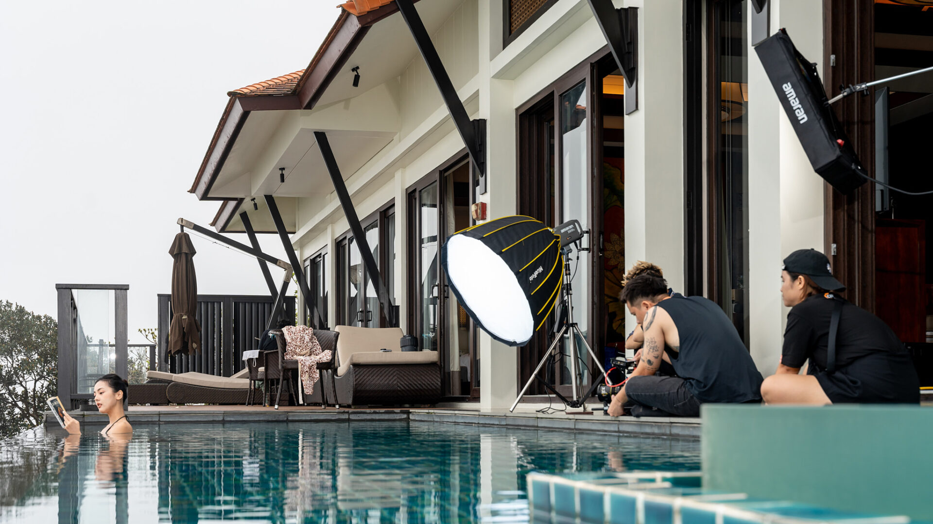 CINEFY crew lighting a resort location for a TVC production shoot in Da Nang