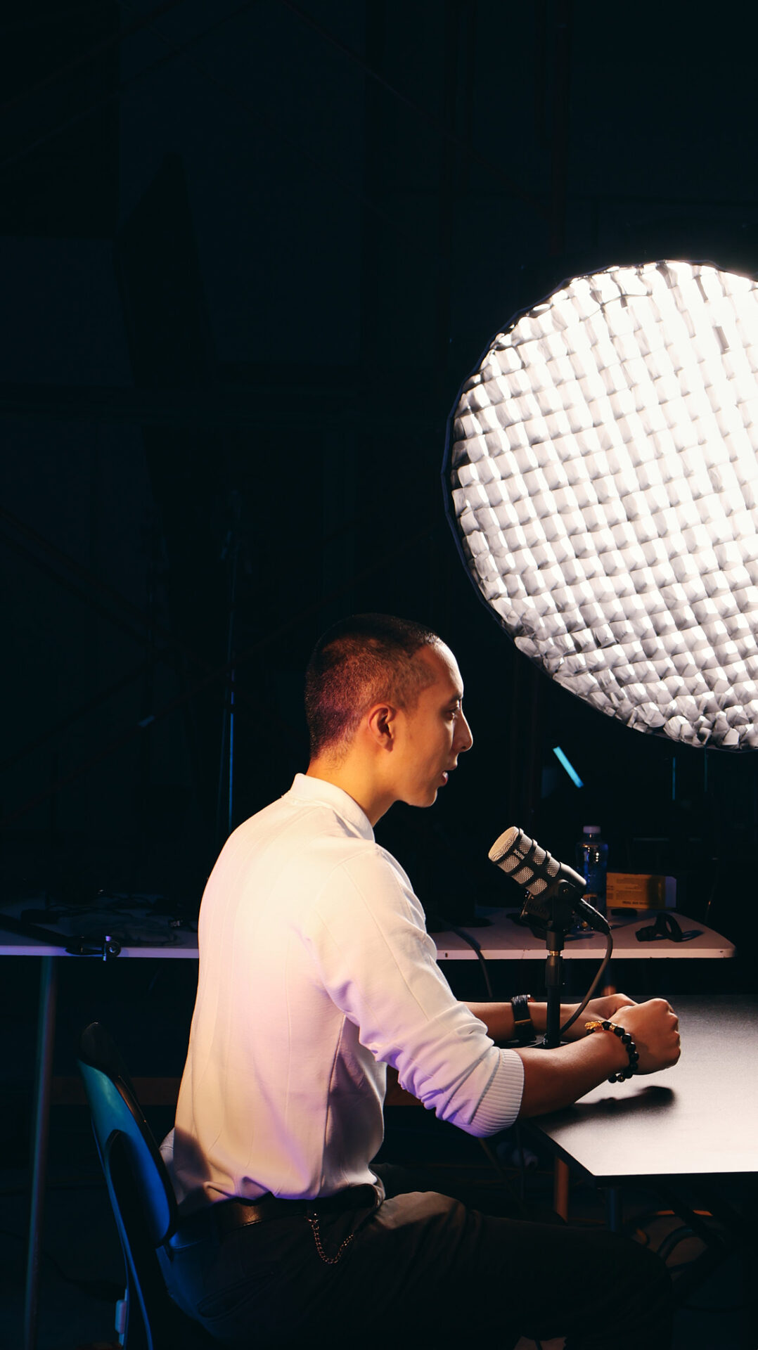 Recording a podcast with a broadcast microphone at CINEFY Da Nang studio