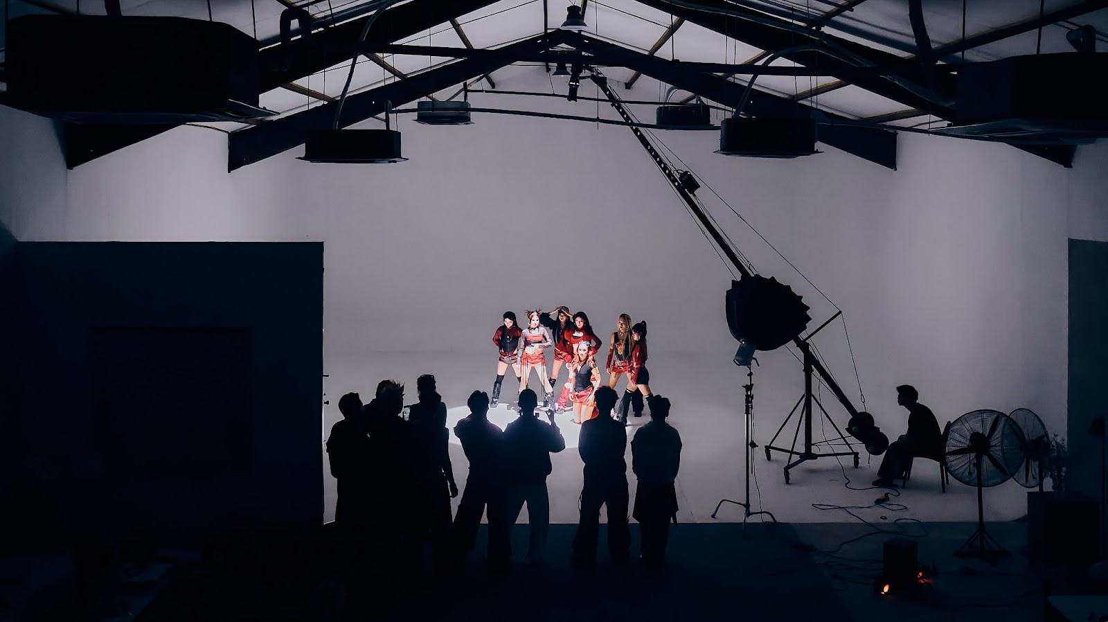 Wide view of the CINEFY 360m2 film studio in Da Nang with lighting rig and crew at work