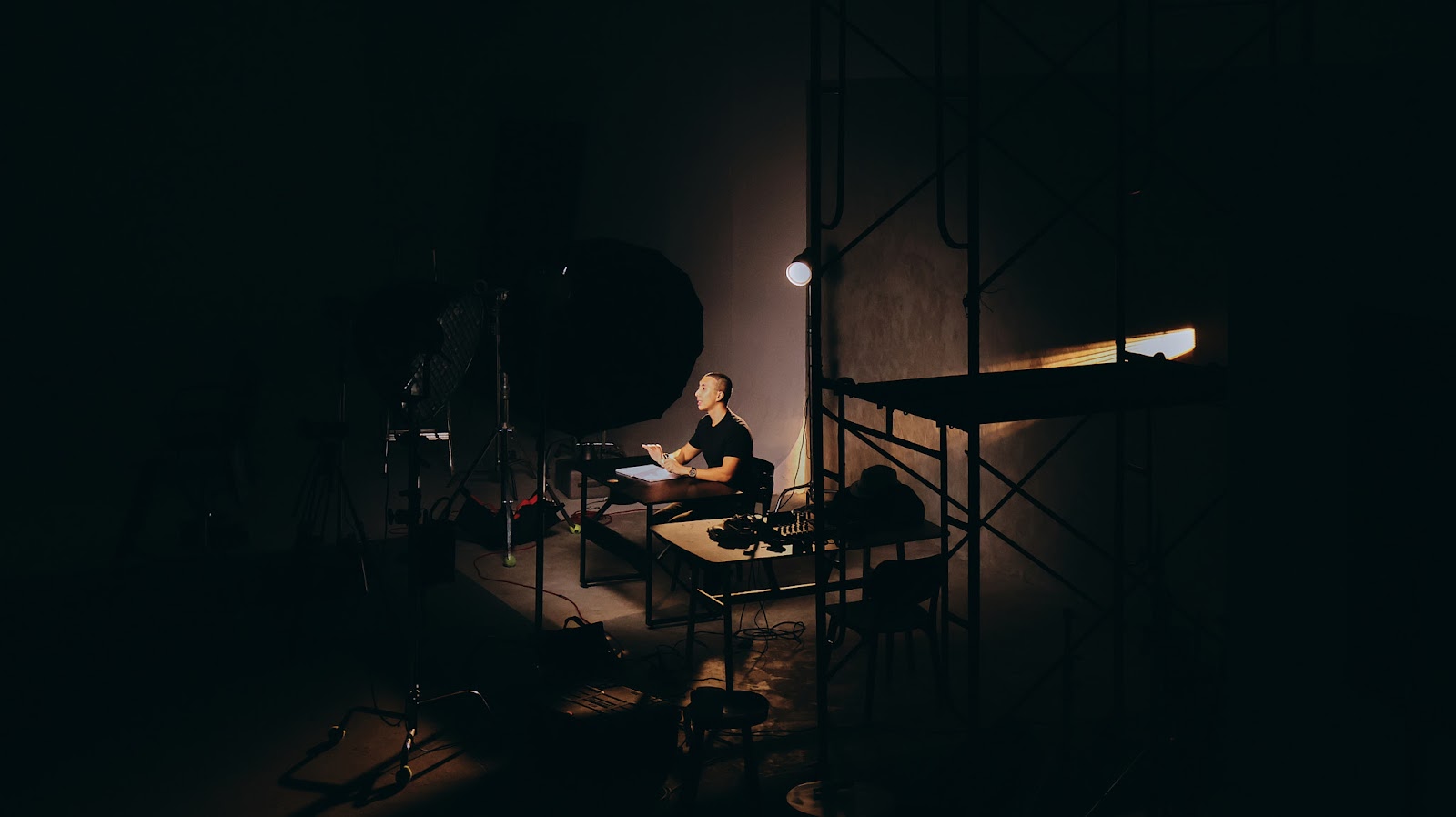 A wide view of the podcast area at CINEFY studio in Da Nang with set and lighting already built