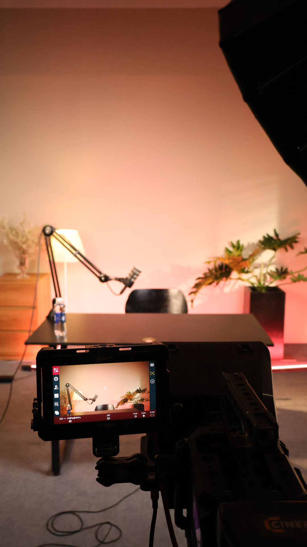 On camera monitor showing the framing of a podcast shoot at a Da Nang studio