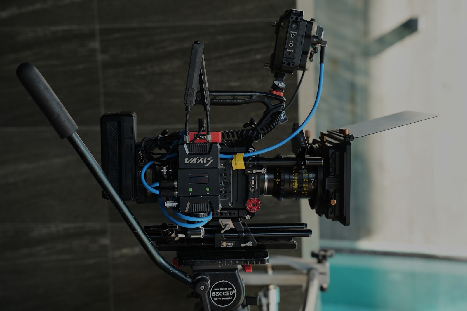 A fully accessorised cinema camera package on sticks at a shoot in Da Nang
