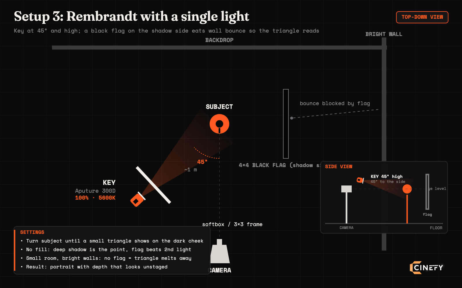 Diagram of a one-light Rembrandt setup: Aputure 300D through a softbox at 45°, 4×4 black flag on the shadow side blocking bounce from a bright wall